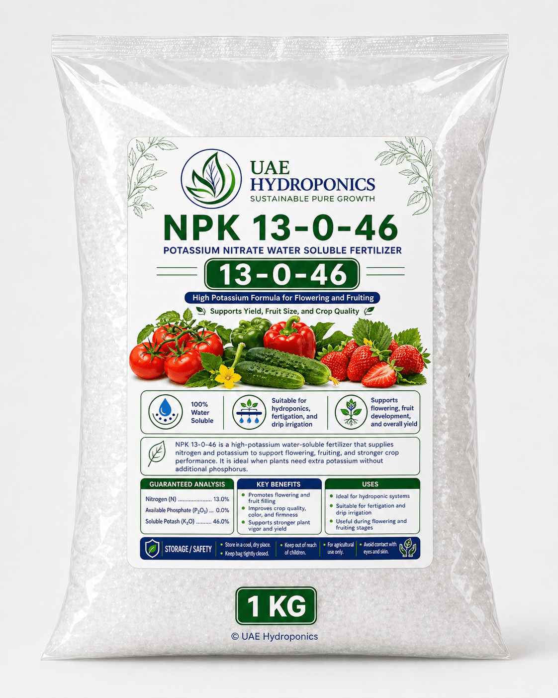 Potassium Nitrate KNO3 Hydroponic Fertilizer Front – UAE Hydroponics Potassium Nitrate KNO3 hydroponic fertilizer bag front view, UAE Hydroponics