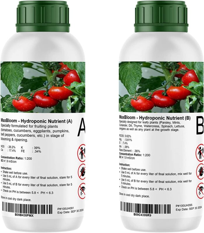 MaxBloom Hydroponic Nutrient Solution - Two Bottles (A and B) for Flowering and Fruiting Plants