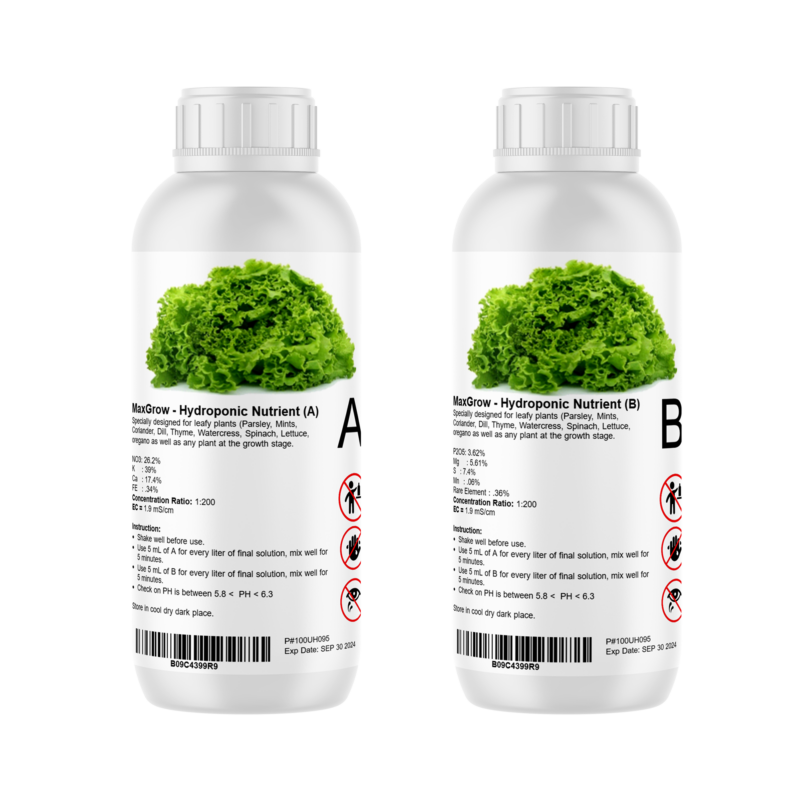 MaxGrow Hydroponic Nutrient Solution - Two Bottles (A and B) for Professional Plant Growth