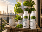 MaxGrow hydroponic nutrient solution lifestyle product photo in greenhouse setting, UAE Hydroponics