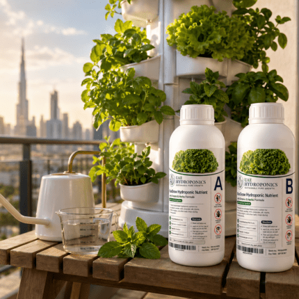 MaxGrow hydroponic nutrient solution lifestyle product photo in greenhouse setting, UAE Hydroponics