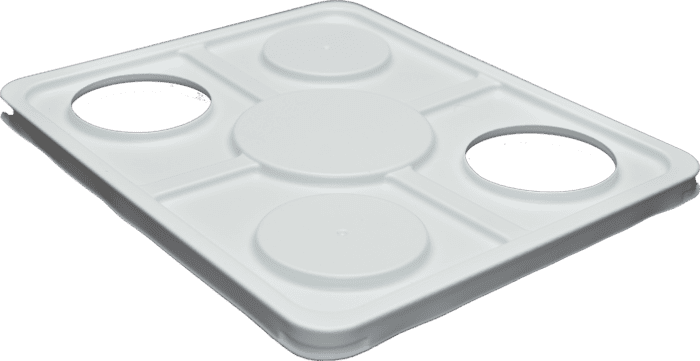 White Dutch bucket lid with two holes for net pots, designed for hydroponic systems.