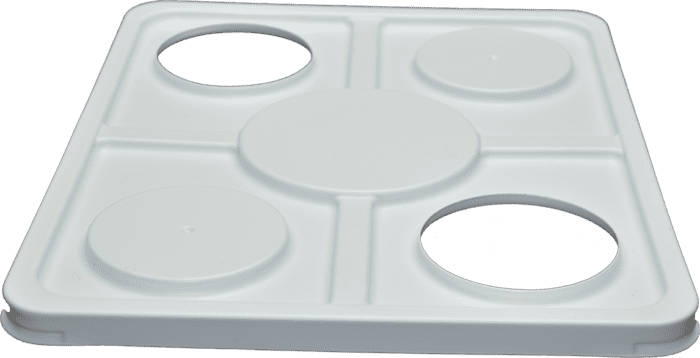 White Dutch bucket lid with two holes for net pots, designed for hydroponic systems.