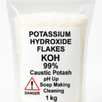 1 kg Potassium Hydroxide KOH 99% flakes in clear plastic bag with warning label