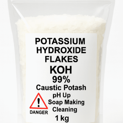 1 kg Potassium Hydroxide KOH 99% flakes in clear plastic bag with warning label