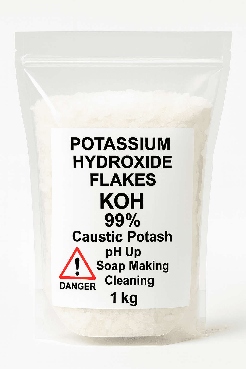 Potassium Hydroxide KOH 99% Flakes – 1 kg Bag with Warning Label 1 kg Potassium Hydroxide KOH 99% flakes in clear plastic bag with warning label