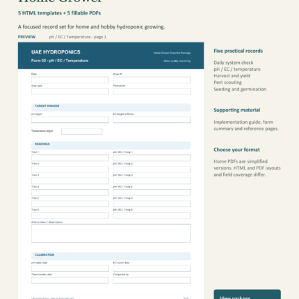 Home Grower hydroponic record templates: real pH, EC and temperature form preview