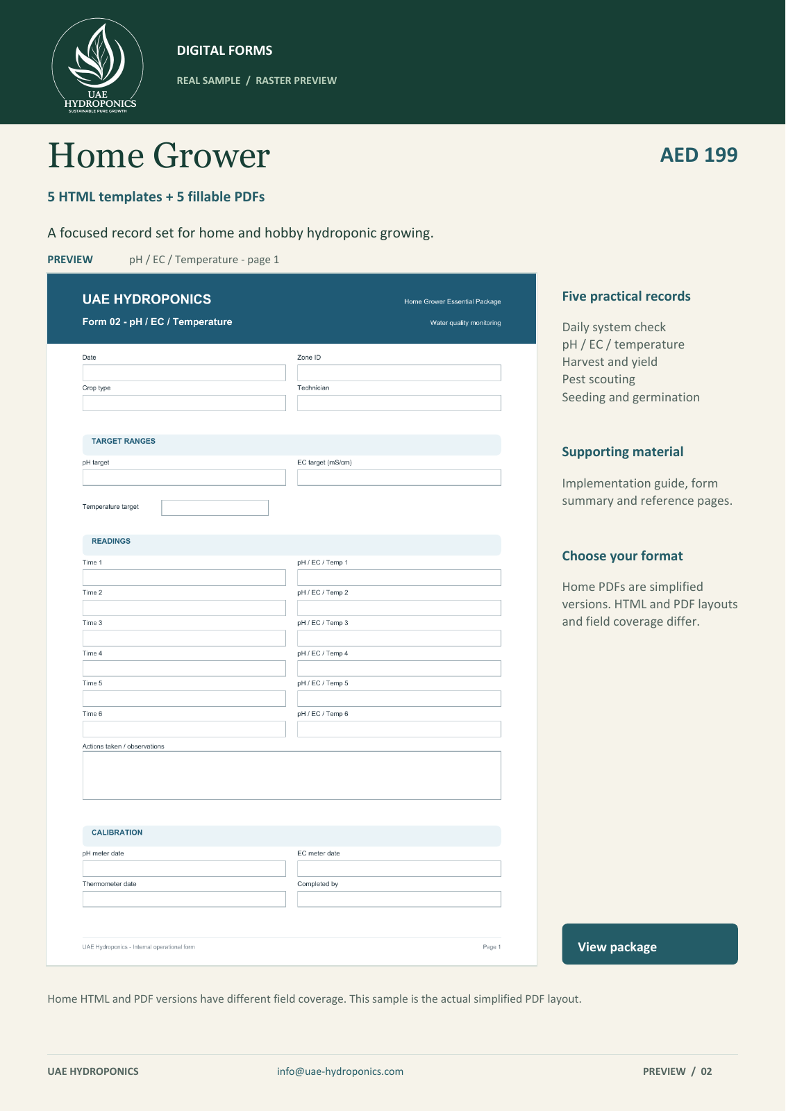 Home Grower hydroponic record templates: real pH, EC and temperature form preview