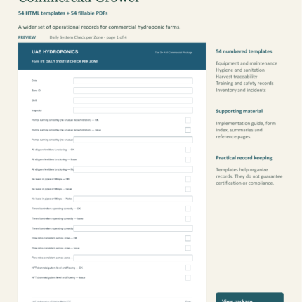 Commercial Farm hydroponic record templates: real daily system check form preview