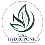 UAE Hydroponics logo with green leaf symbol and sustainable pure growth tagline