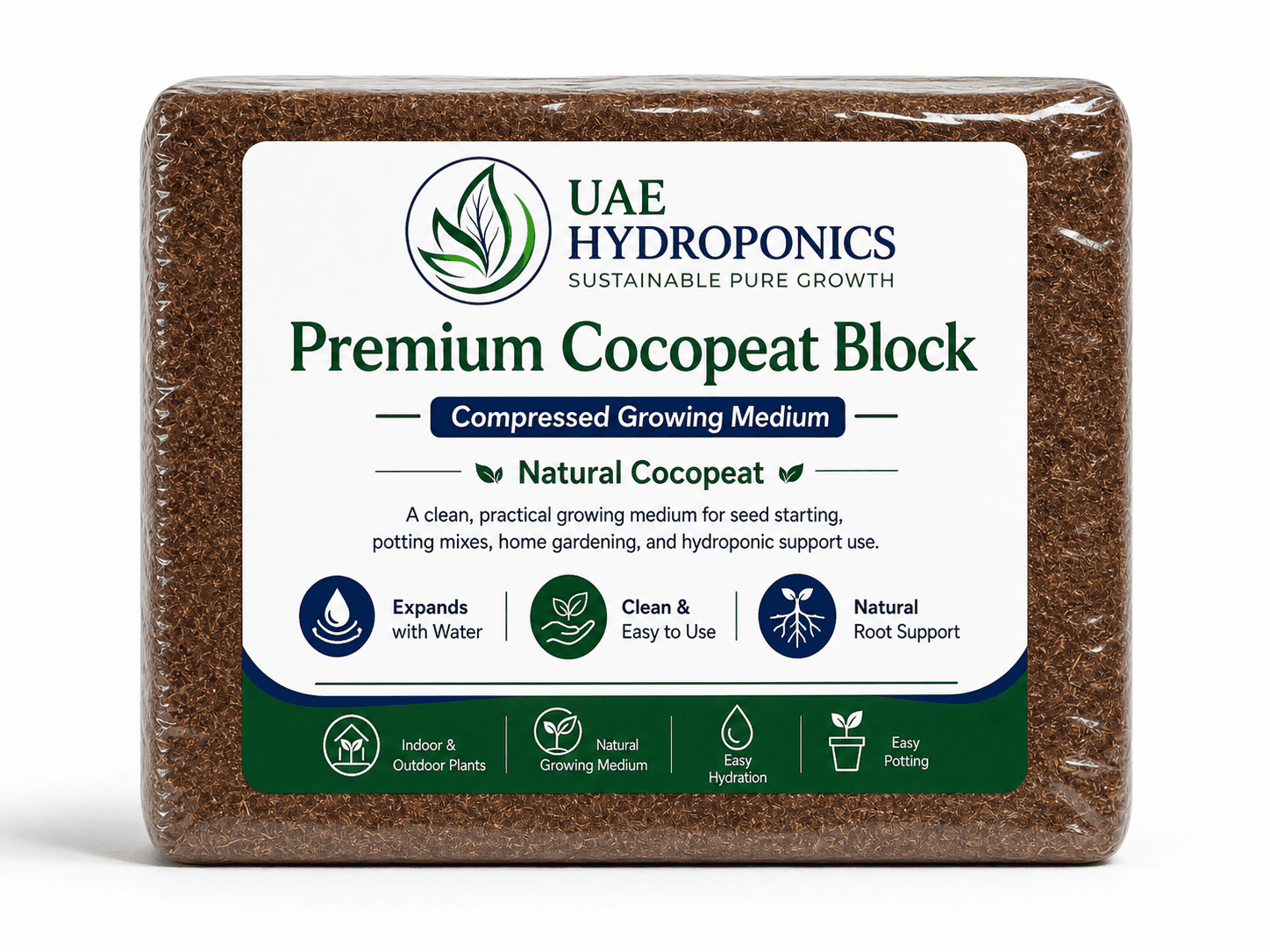 Coco Peat Block Face Front View – UAE Hydroponics Front face view of UAE Hydroponics coco peat block product