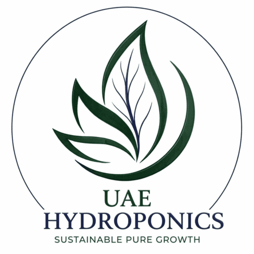 UAE Hydroponics logo with green leaf symbol and sustainable pure growth tagline