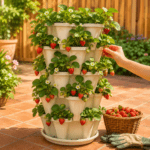 Mr Stacky vertical strawberry planter with ripe strawberry harvest, UAE Hydroponics