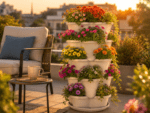 Mr Stacky vertical flower planter on patio with blooming plants, UAE Hydroponics