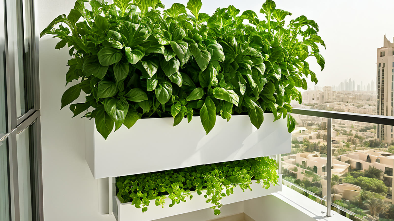 Compact hydroponic leafy green garden on a UAE villa balcony
