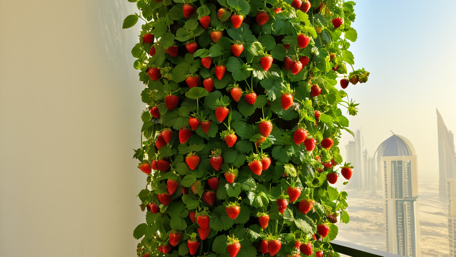 Hydroponic strawberries growing in a vertical tower on a UAE balcony