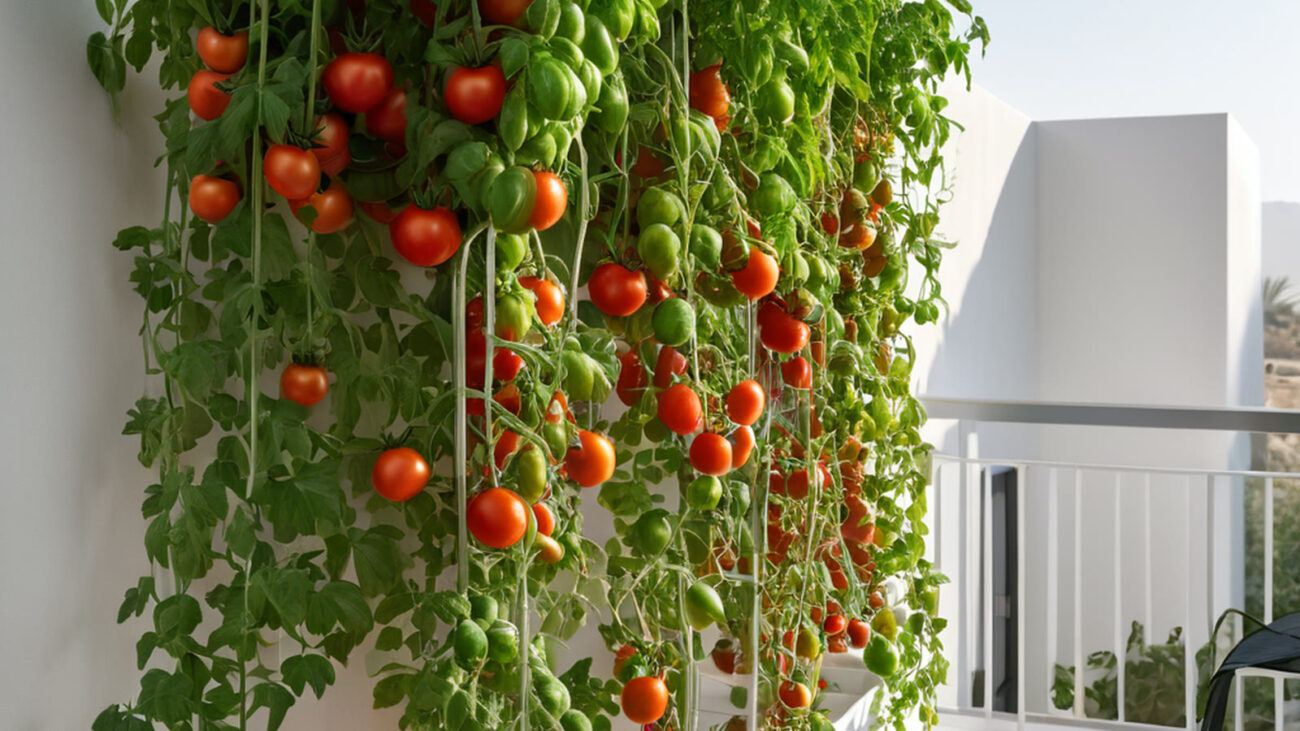 Fresh hydroponic tomatoes growing at home on a UAE balcony