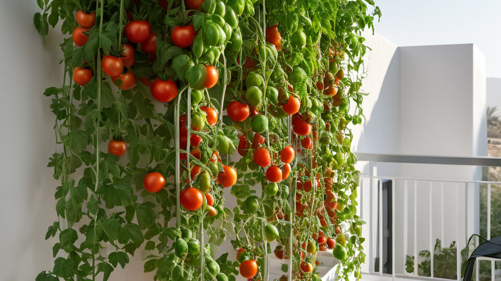 Fresh hydroponic tomatoes growing at home on a UAE balcony