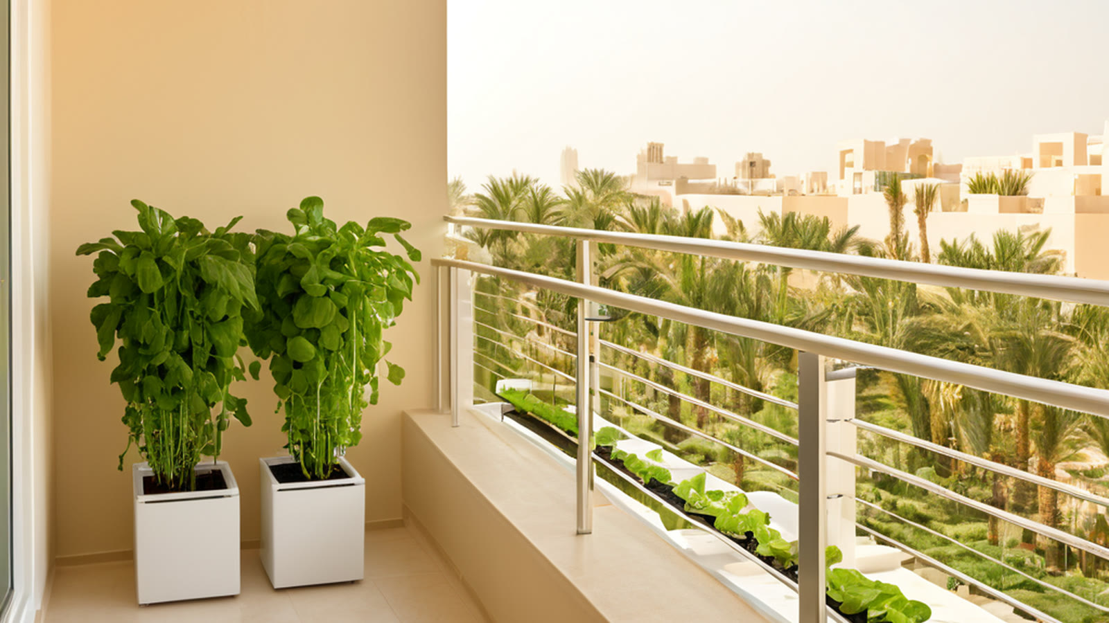 Side by side soil pots and compact hydroponic greens on a UAE villa balcony