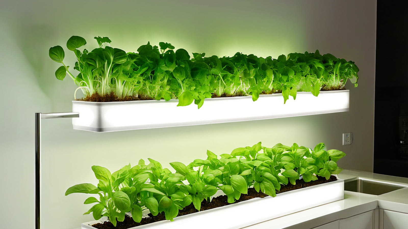 LED grow lights over compact indoor hydroponic greens in a UAE apartment