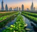 Modern hydroponic farm in UAE with lush green plants and Dubai skyline
