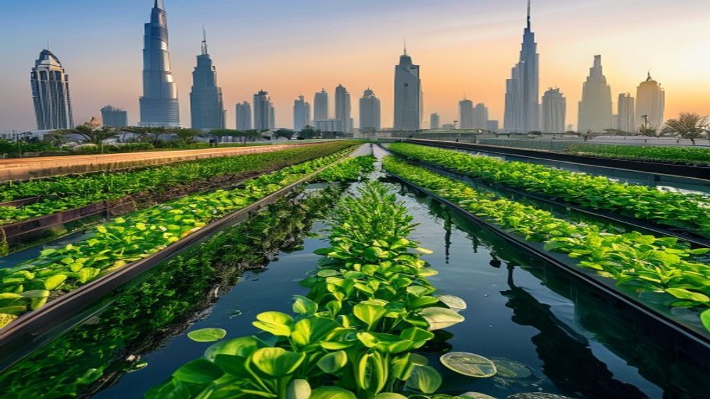 Modern hydroponic farm in UAE with lush green plants and Dubai skyline