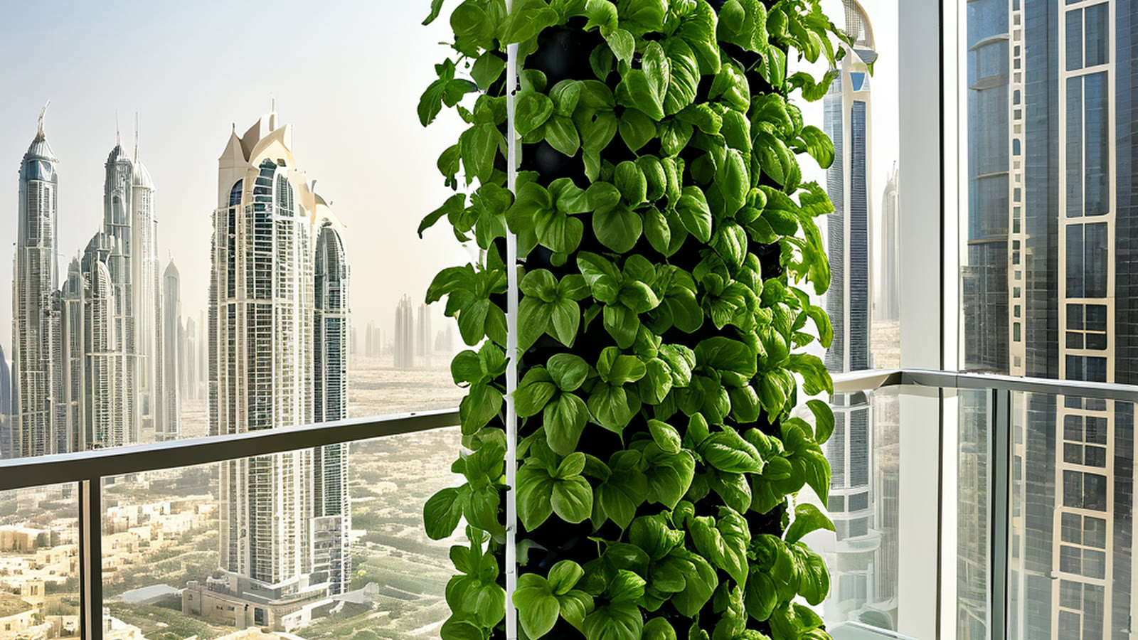 Vertical hydroponic garden on a Dubai balcony with leafy greens