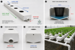 Diagram of the 3 m NFT hydroponic channel showing water flow from supply inlet to drain outlet, 100x50mm V-shaped cross section, and the channel installed growing lettuce – 10-channel kit, UAE Hydroponics