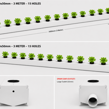 NFT hydroponic channel 100x50mm, 3 m long with 15 planting holes, showing 6mm inlet and 25mm drain outlet – part of the 10-channel kit, UAE Hydroponics