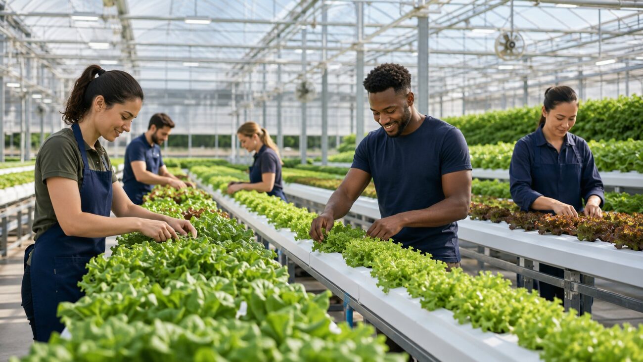 Team tending to a commercial hydroponic greenhouse, representing the About UAE Hydroponics page