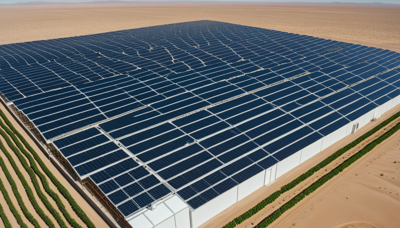 Commercial hydroponic greenhouse with solar panels in UAE desert