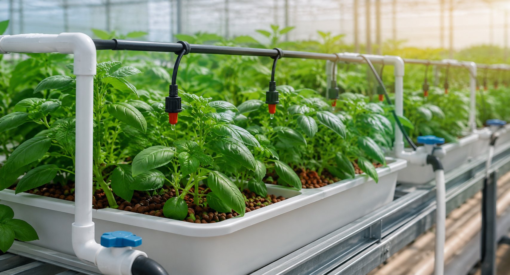 Drip hydroponic system with emitters feeding nutrient solution to plants in a grow tray