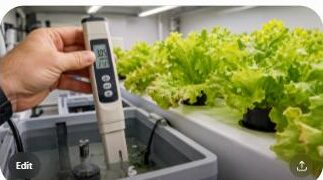 Hand holding an EC meter showing a high reading over a hydroponic nutrient reservoir