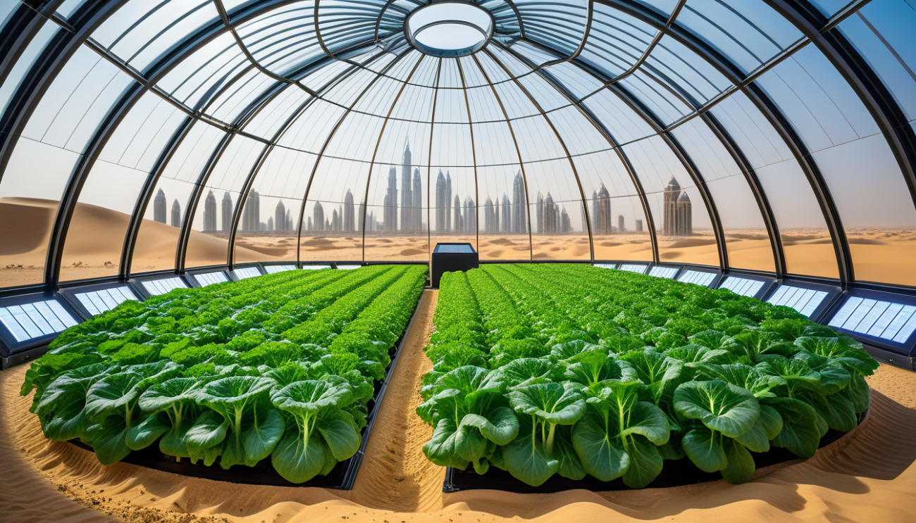 Futuristic hydroponic farm inside glass dome in UAE desert with Dubai skyline - hydroponics UAE