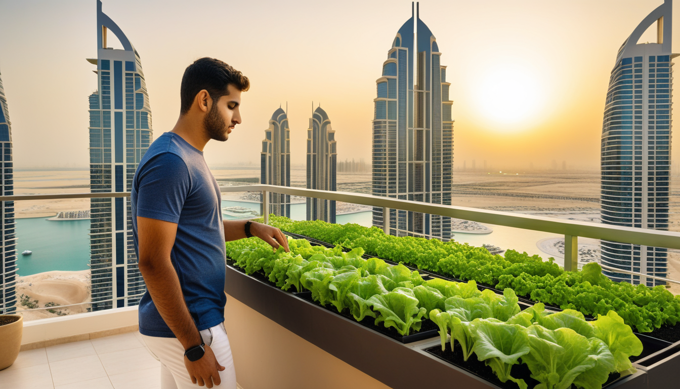 Man tending hydroponic garden on Dubai apartment balcony
