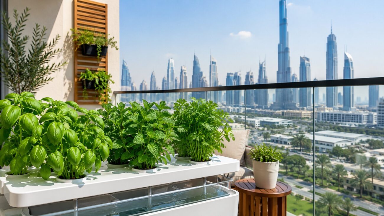 Hydroponic herb garden with basil and mint growing on a Dubai apartment balcony