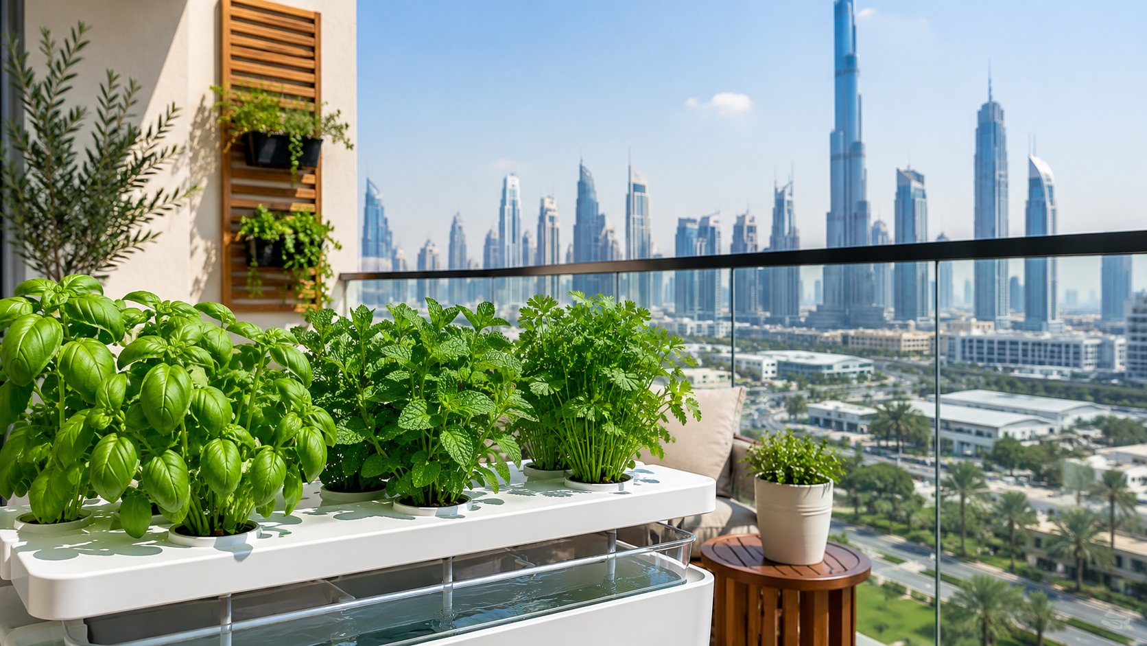 Hydroponic herb garden with basil and mint growing on a Dubai apartment balcony