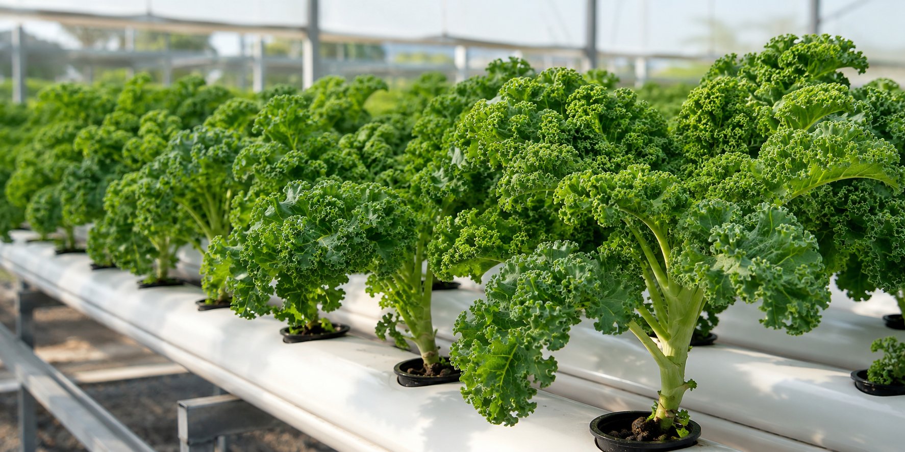 Healthy curly kale growing in an NFT hydroponic channel system