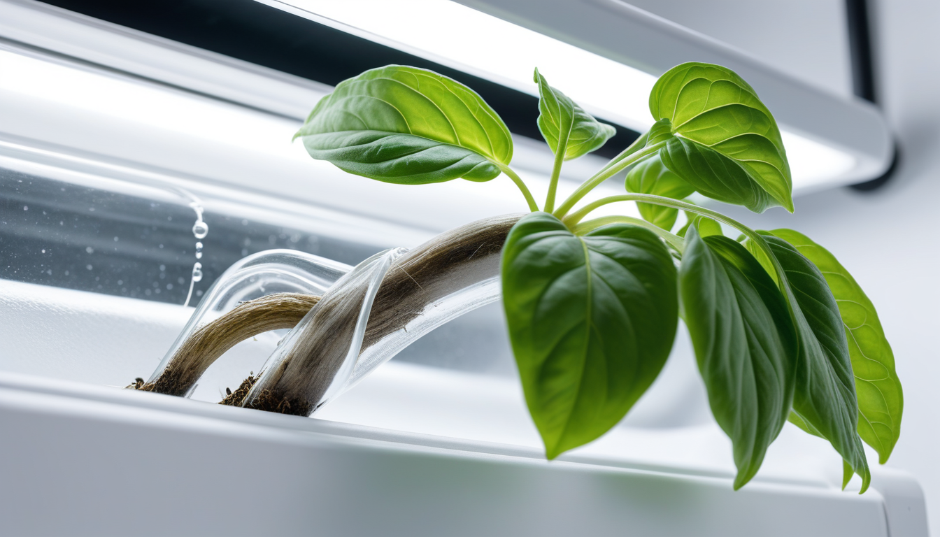 Macro photograph of healthy white hydroponic plant roots in NFT channel system
