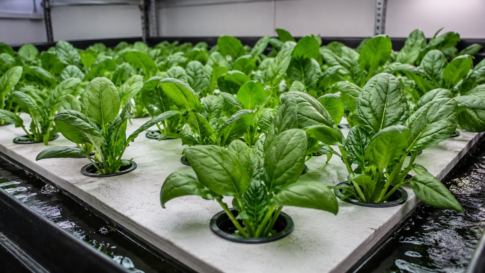 Healthy spinach plants growing in a hydroponic raft system