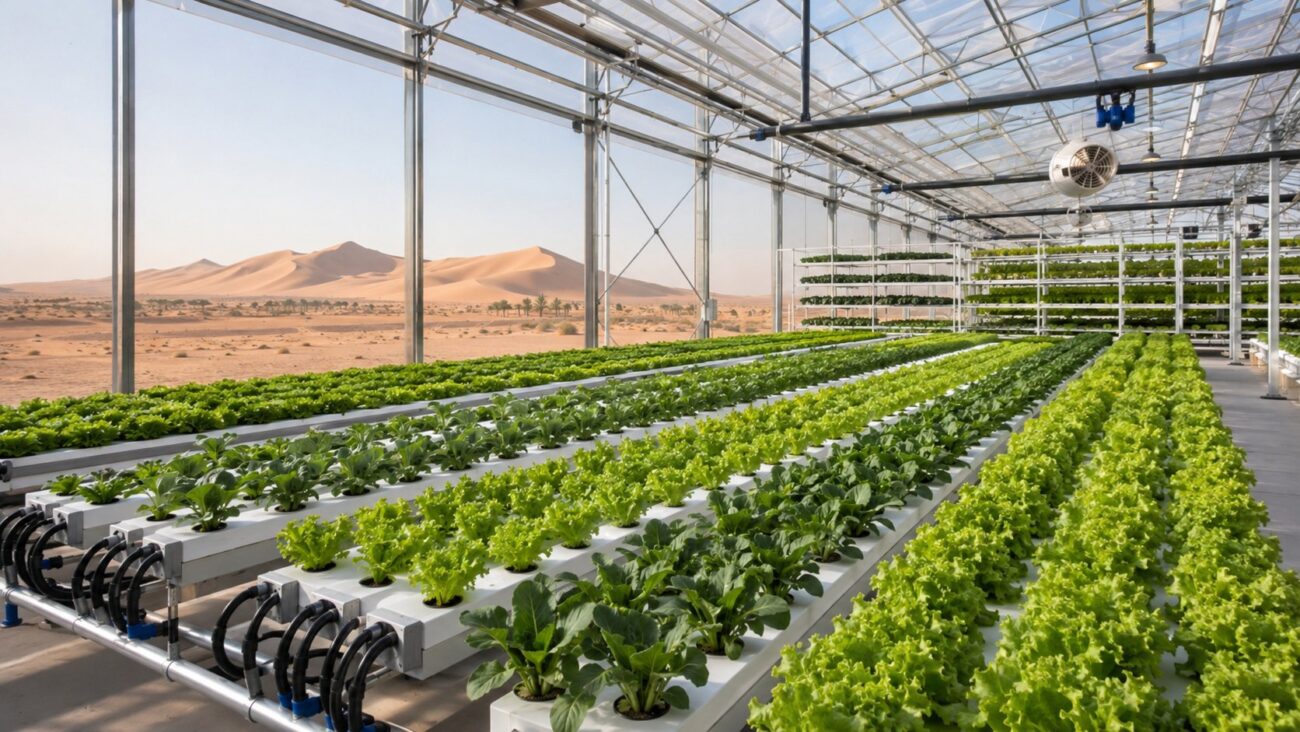 Commercial hydroponic greenhouse in the UAE desert with rows of leafy greens under climate control