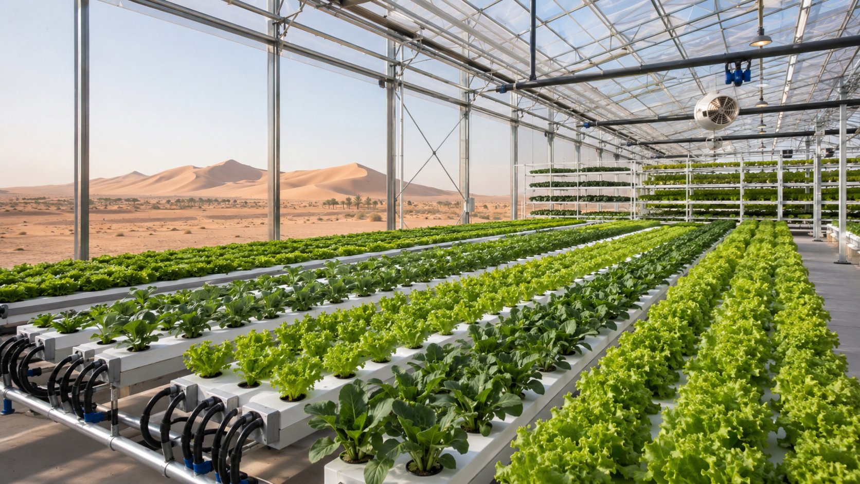 Commercial hydroponic greenhouse in the UAE desert with rows of leafy greens under climate control
