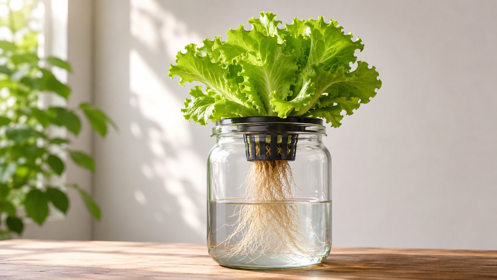 Kratky method hydroponic setup with lettuce growing in a net cup over still nutrient solution