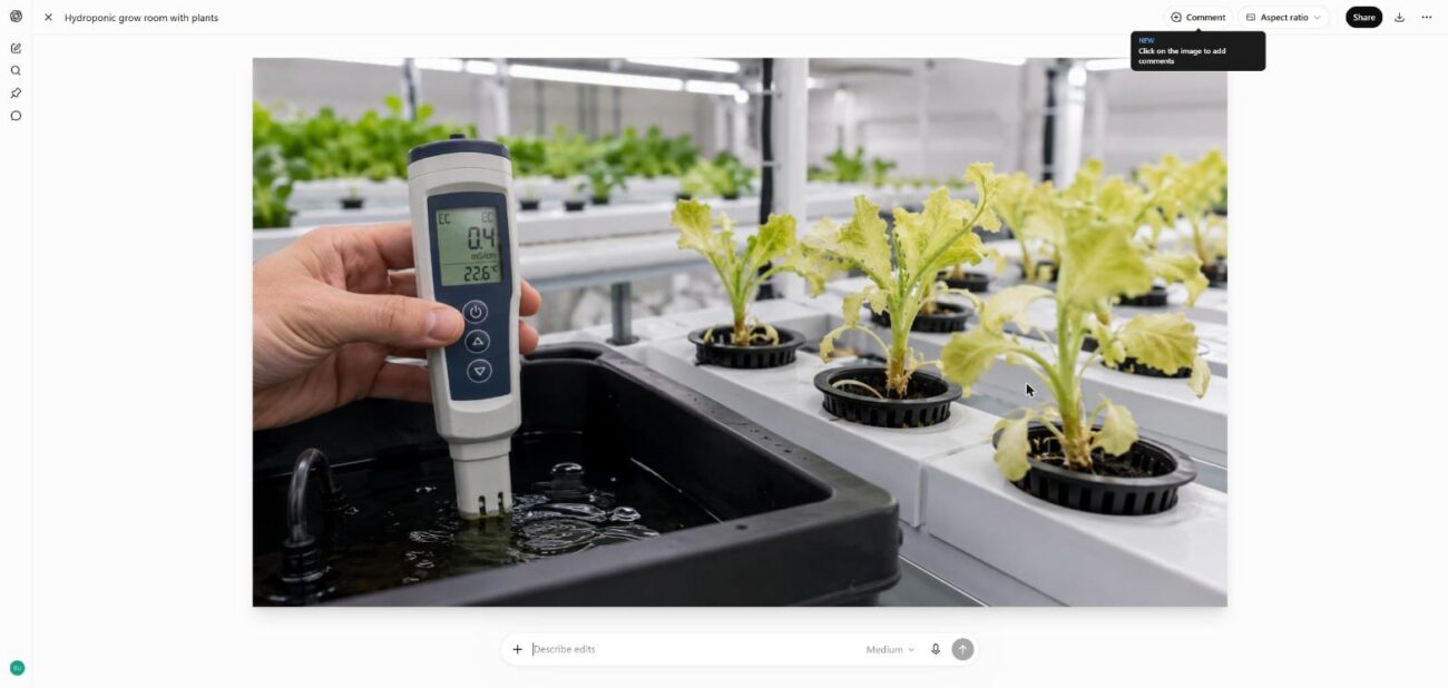 Pale nutrient-starved hydroponic lettuce seedlings next to an EC meter showing a low reading
