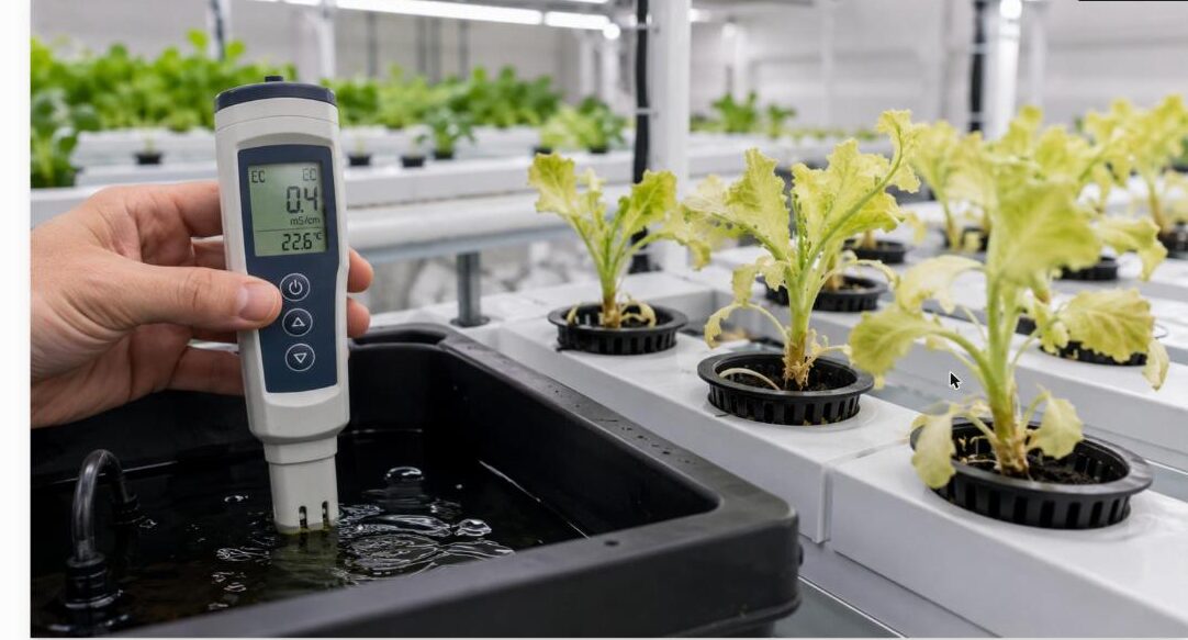 Pale nutrient-starved hydroponic lettuce seedlings next to an EC meter showing a low reading