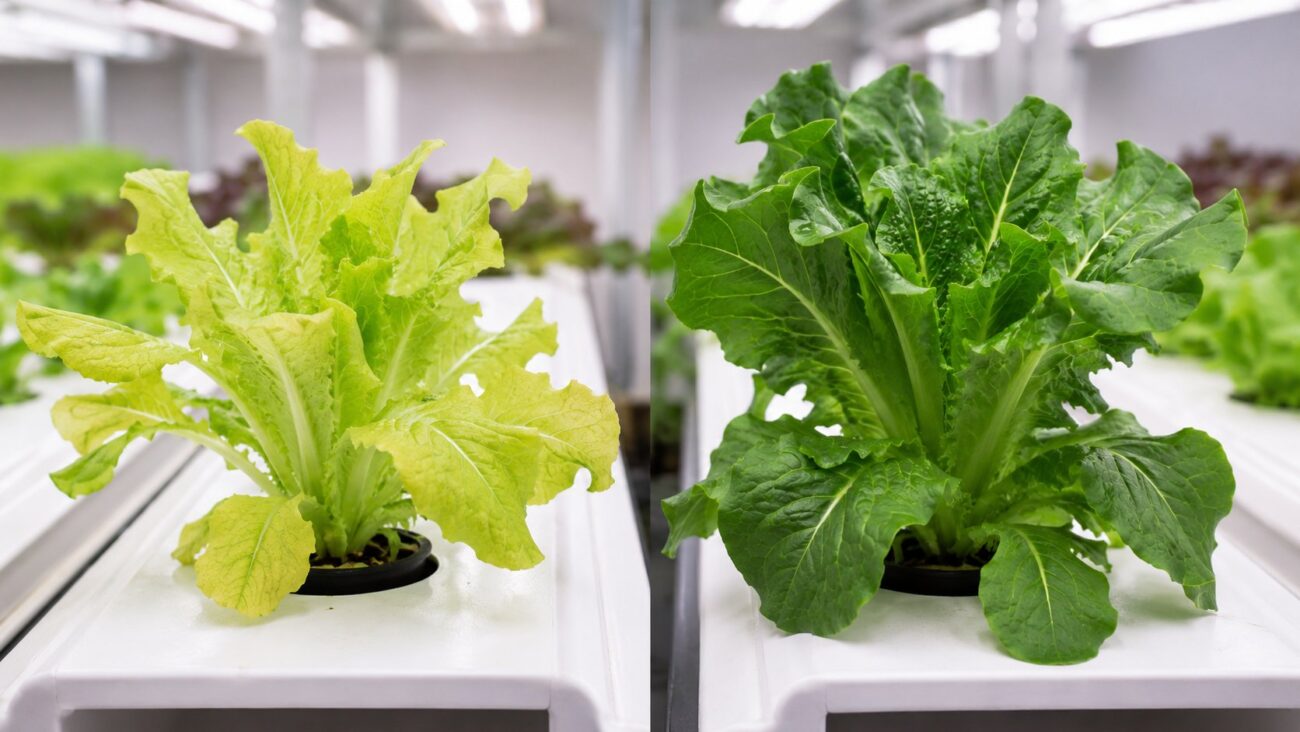 Comparison of nitrogen-deficient pale yellow-green leaves and a healthy dark green hydroponic plant
