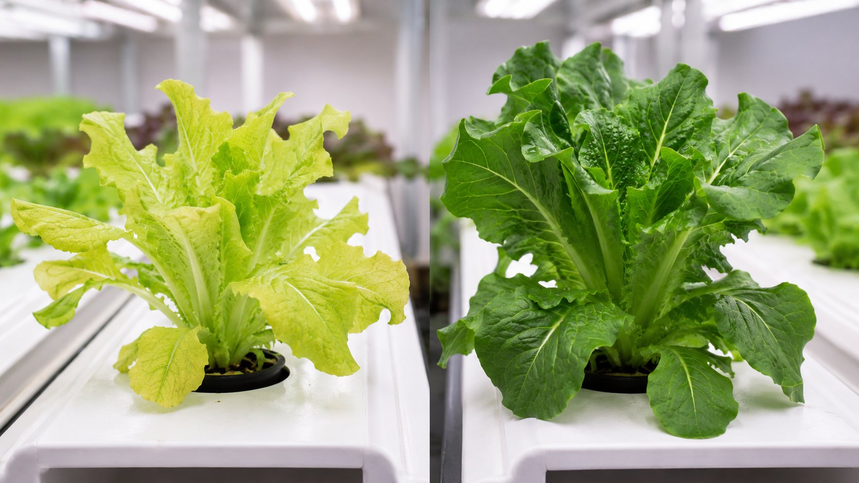 Comparison of nitrogen-deficient pale yellow-green leaves and a healthy dark green hydroponic plant