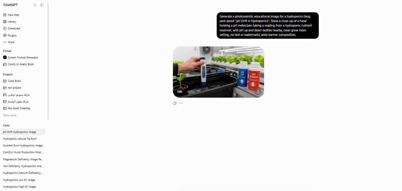 Testing pH of a hydroponic nutrient reservoir with pH up and down solutions nearby