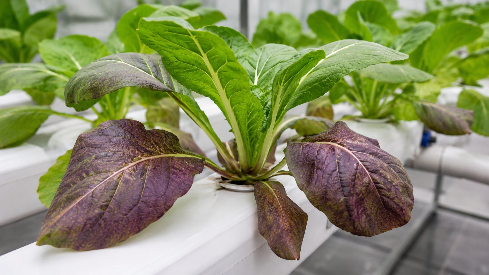 Hydroponic plant leaf showing phosphorus deficiency with dark purplish coloring