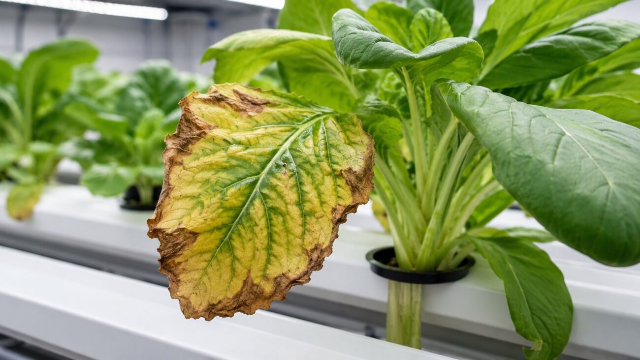 Hydroponic plant leaf showing potassium deficiency with scorched brown edges